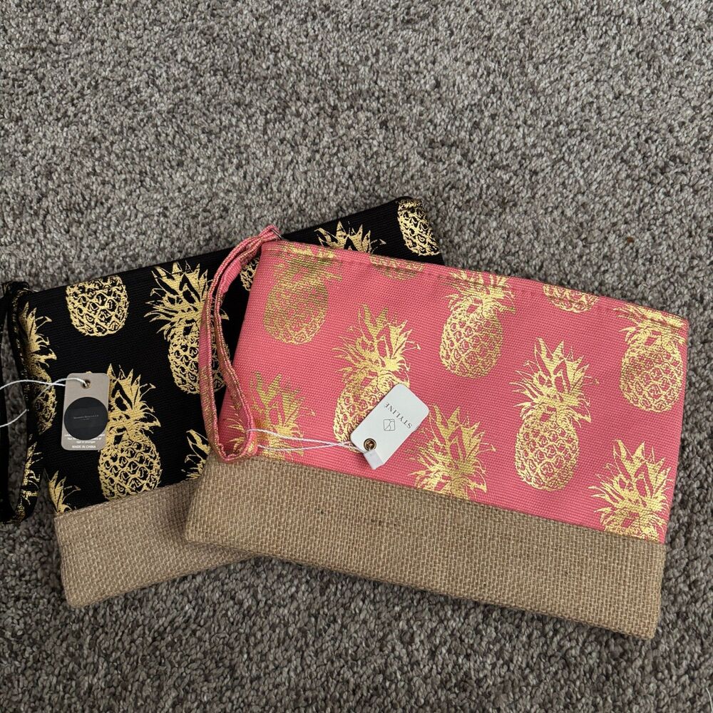 STYLINE Madden Bella & Co Set of 2 Gold Pineapple Travel Cosmetic Bags NWTS